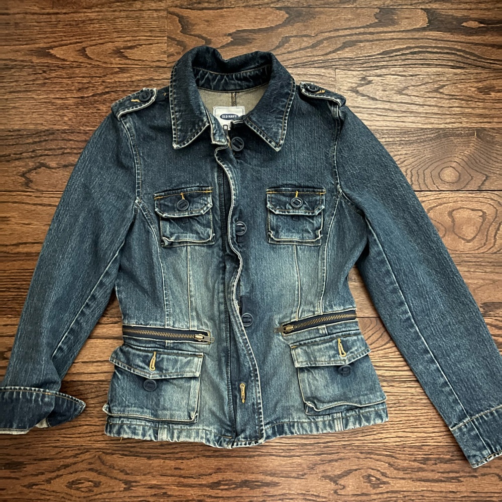 Denim Military Style Blue Jacket with Zipper And Button Details.  Size Small.